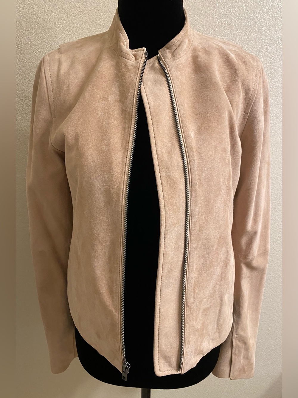 Vince Lamb Skin Soft Suede Zip-Front Leather Jacket in soft blush/beige tone